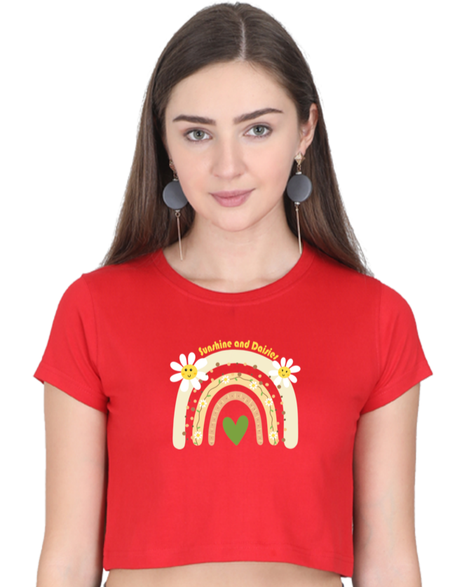 an Indian model female wearing Sunshine and Daisies Crop Tee red
