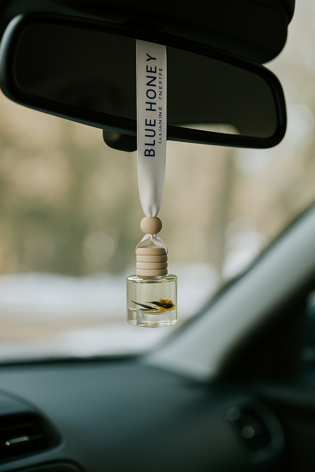 Car air freshener with 'Blue Honey' branding hanging from a car's rearview mirror.