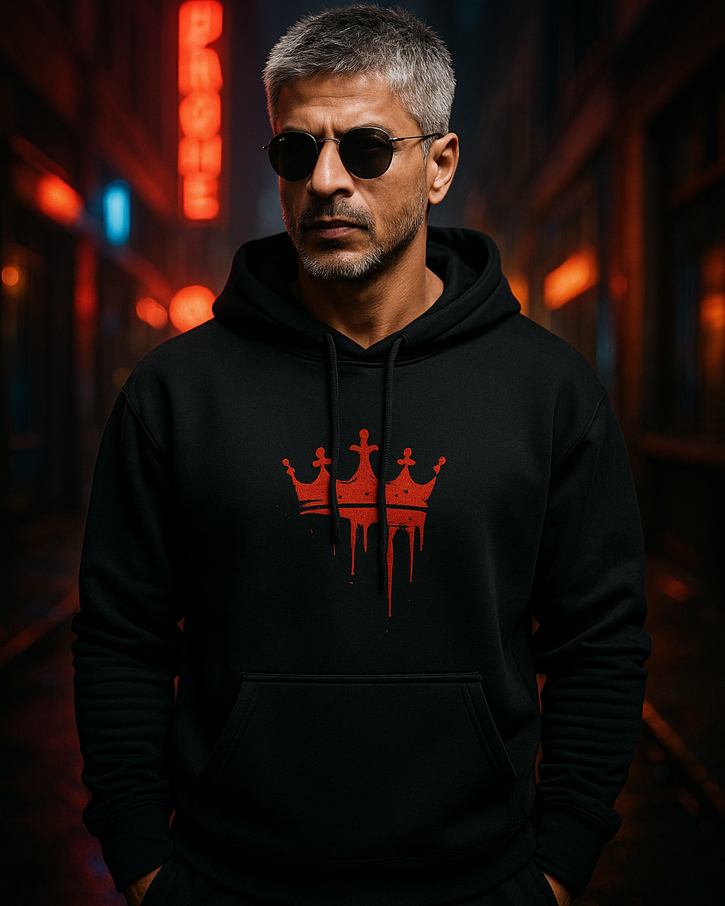Shah Rukh Khan wearing a black hoodie with a red bloody crown logo inspired from the movie King in a dark, neon-lit alleyway.