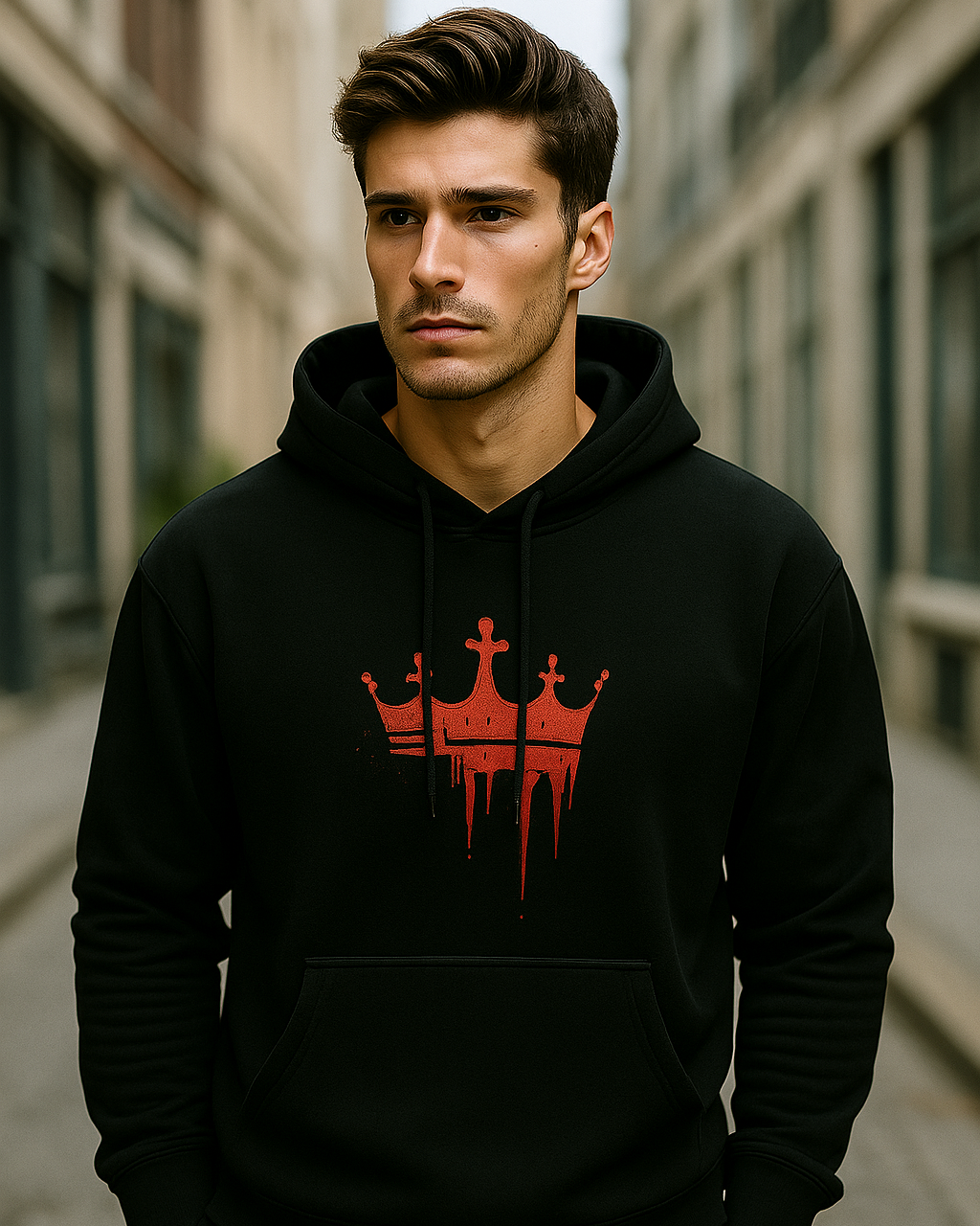 Man wearing a black hoodie with a red bloody crown logo inspired from the movie King in an urban setting.