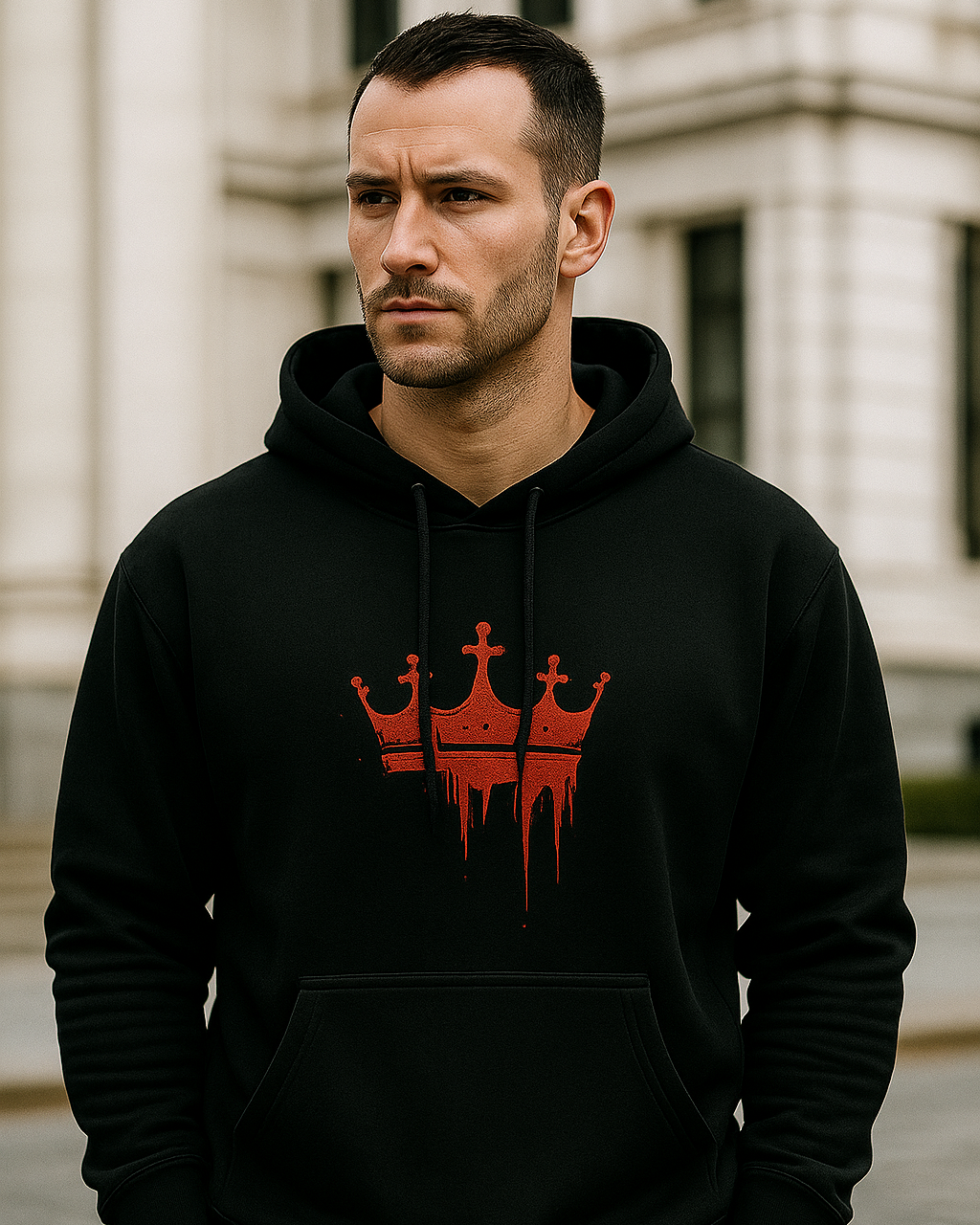 Man wearing a black hoodie with a red bloody crown logo inspired from the movie King in an outdoor setting.