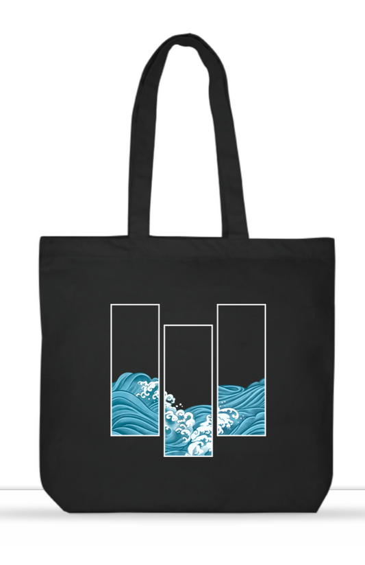 a black large tote bag with minimalist wave design