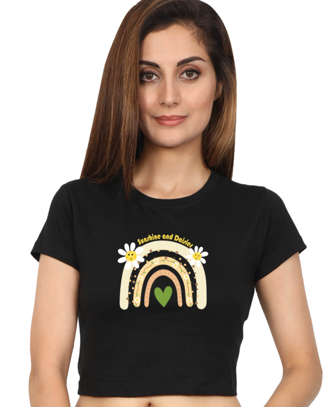 an Indian model female wearing Sunshine and Daisies Crop Tee black
