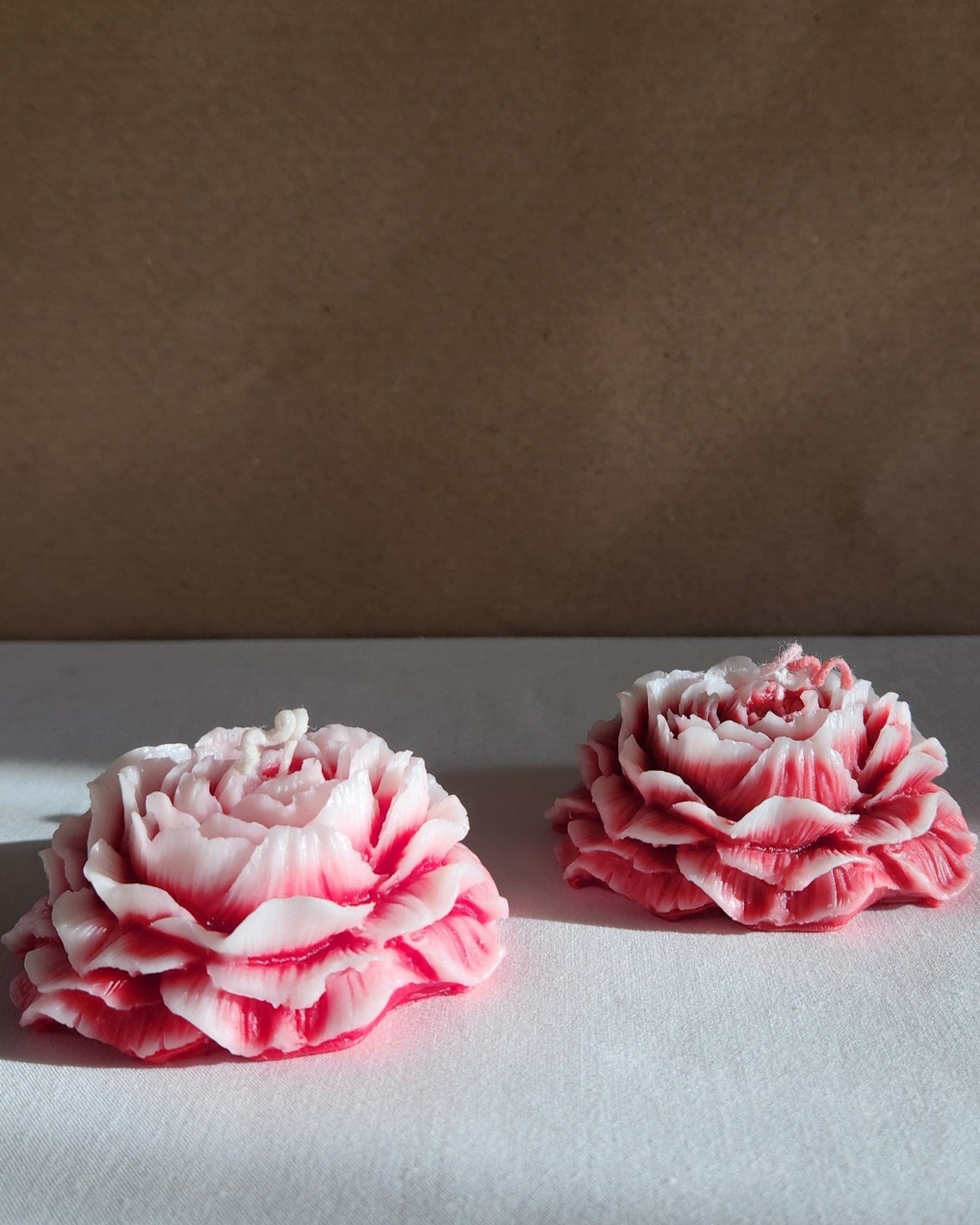 2 red peony flower soy wax candles