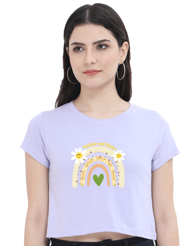an Indian model female wearing Sunshine and Daisies Crop Tee lavender