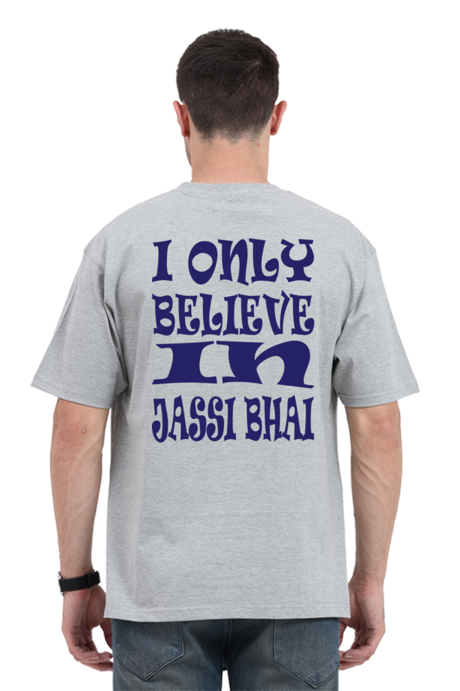 Back view of a male model wearing I only Believe in Jassi Bhai Oversized Tshirt gray