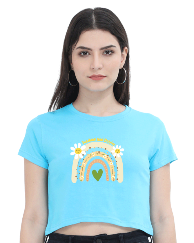 an Indian model female wearing Sunshine and Daisies Crop Tee sky blue