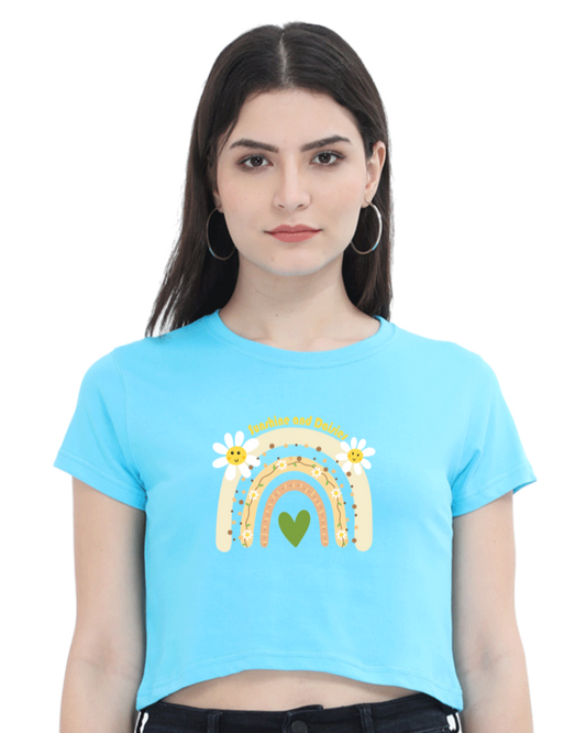 an Indian model female wearing Sunshine and Daisies Crop Tee sky blue