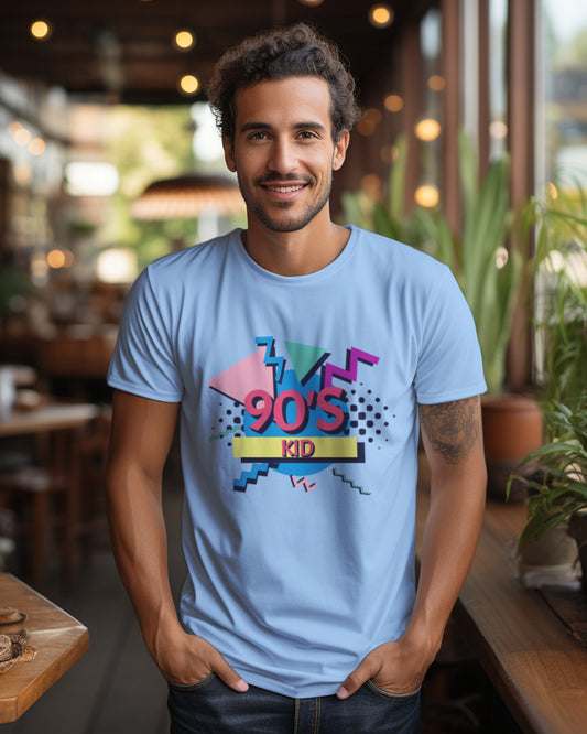 A male model with his hands in his pocket wearing aa '90s Kid' Baby Blue T-shirt