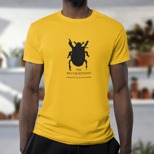 close up of a man wearing a yellow color "The Metamorphosis" Franz Kafka T-Shirt
