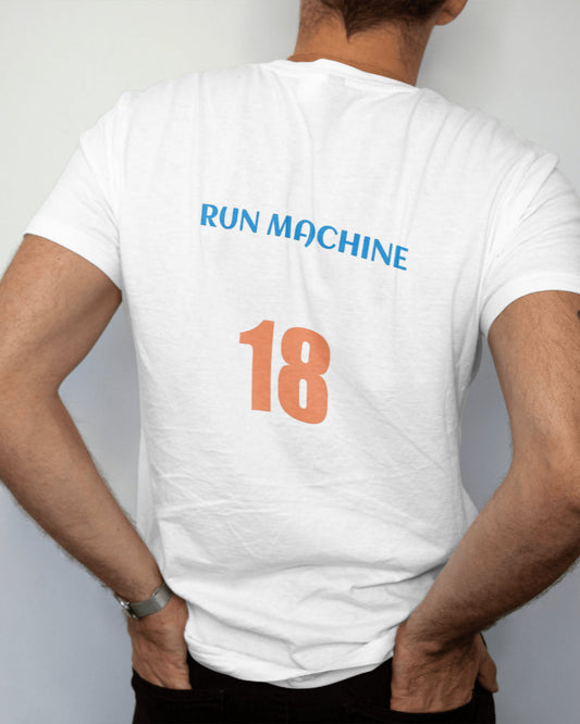 back view of a male model wearing a white Virat Kohli tshirt with caption 'Run Machine 18'