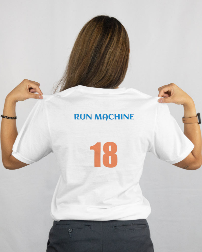 back view of a female model wearing a white Virat Kohli tshirt with caption 'Run Machine 18'