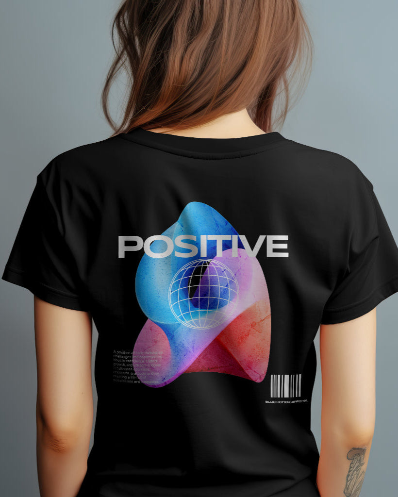 back view of a female model wearing Cosmic Positive black tshirt