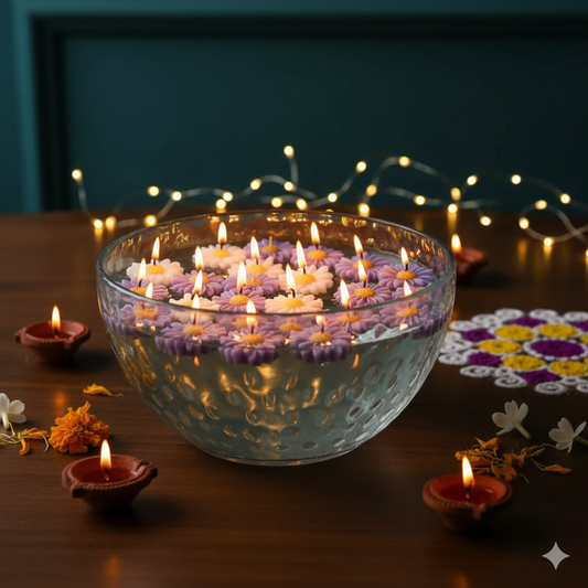 Decorative bowl with floating candles and flowers on a wooden table with string lights in the background.