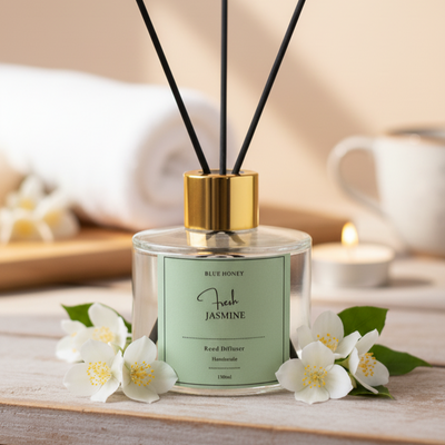 Clear glass reed oil diffuser with black reeds and a gold cap, surrounded by jasmine flowers.