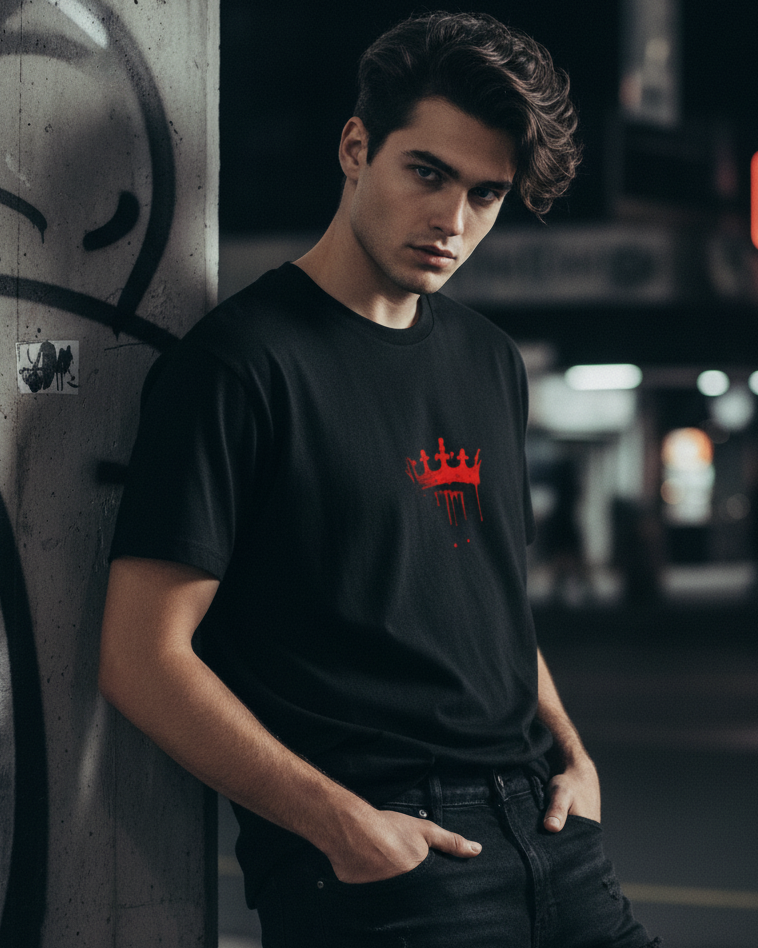 Man wearing a black t-shirt with a red King movielogo leaning against a wall with graffiti.