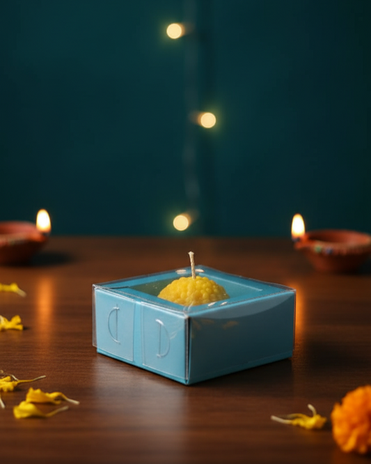 Blue square candle holder with a yellow candle on a wooden surface with two lit oil lamps and decorative lights in the background.