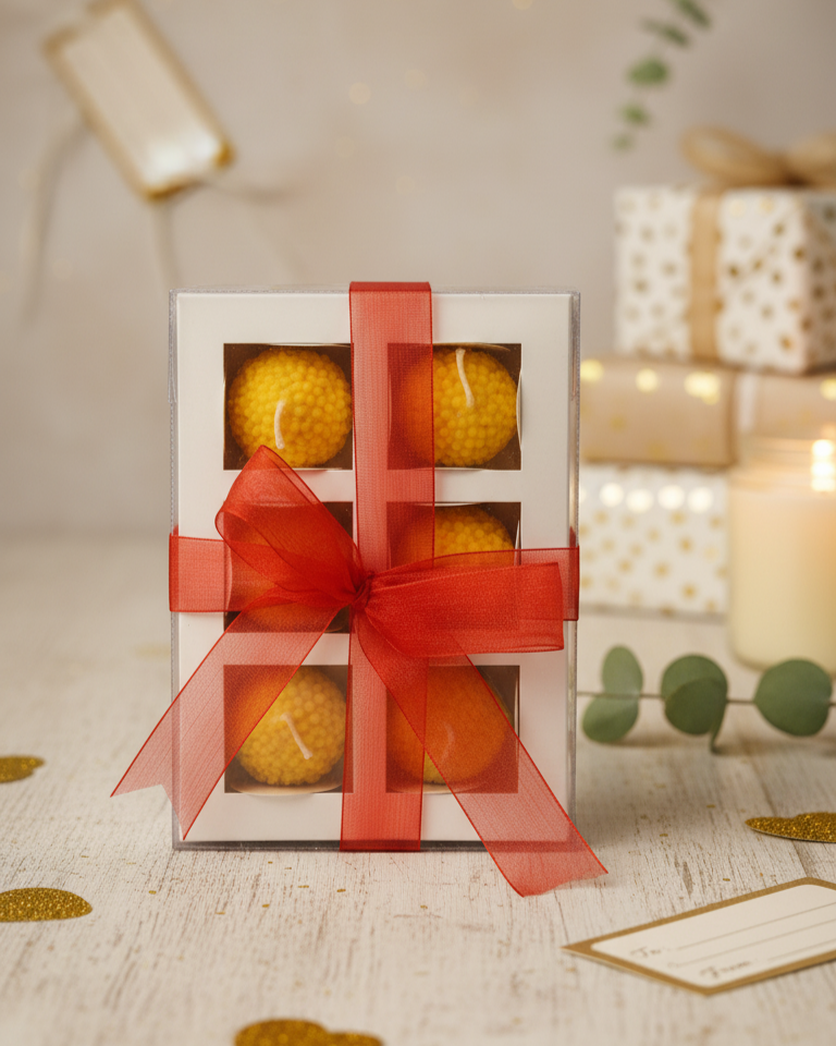 Packaged candles with a red ribbon on a decorative surface