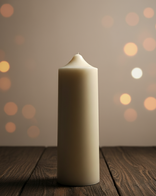 White candle on a wooden surface with a blurred bokeh background