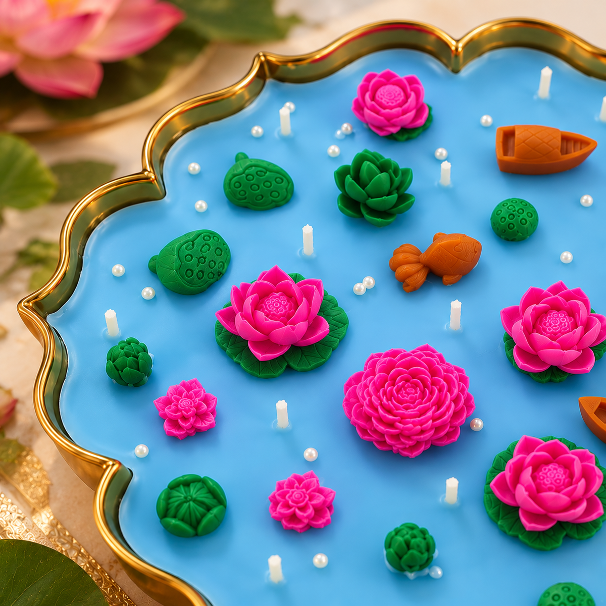 Close-up of handmade pink wax lotuses, green lotus pods, a goldfish and pearl accents in the lotus pond urli candle