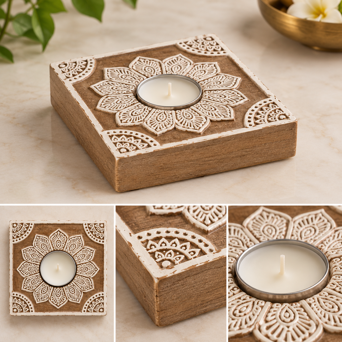 Wooden block print tealight holder from above, with close-ups of the carved corner and the metal tealight cup
