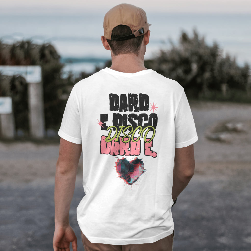 Male model with a cap in oversized Dard-e-Disco T-shirt in white color, showcasing large back print design