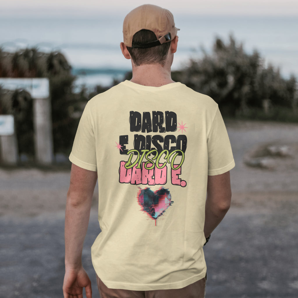 Male model with a cap in oversized Dard-e-Disco T-shirt in beige color, showcasing large back print design