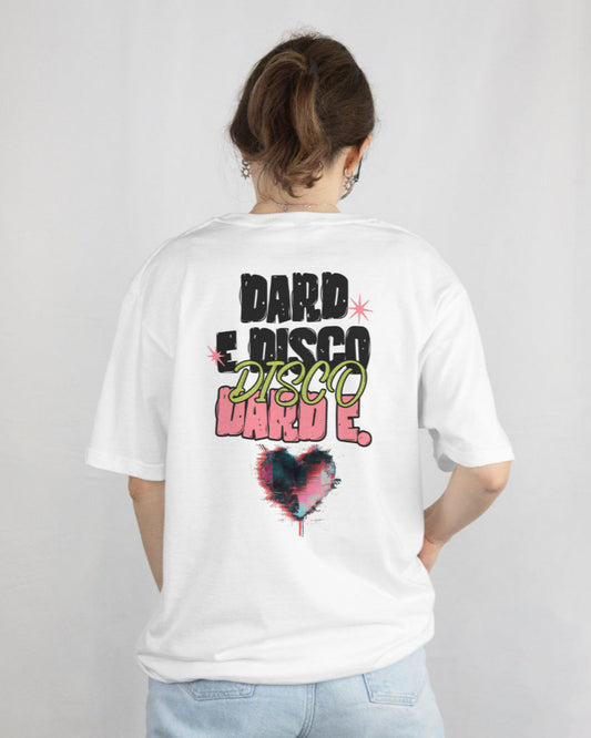 Female model wearing oversized Dard-e-Disco T-shirt in white color, back view showing bold retro print