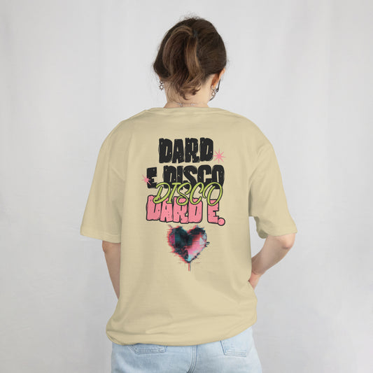 Female model wearing oversized Dard-e-Disco T-shirt in Beige color, back view showing bold retro print