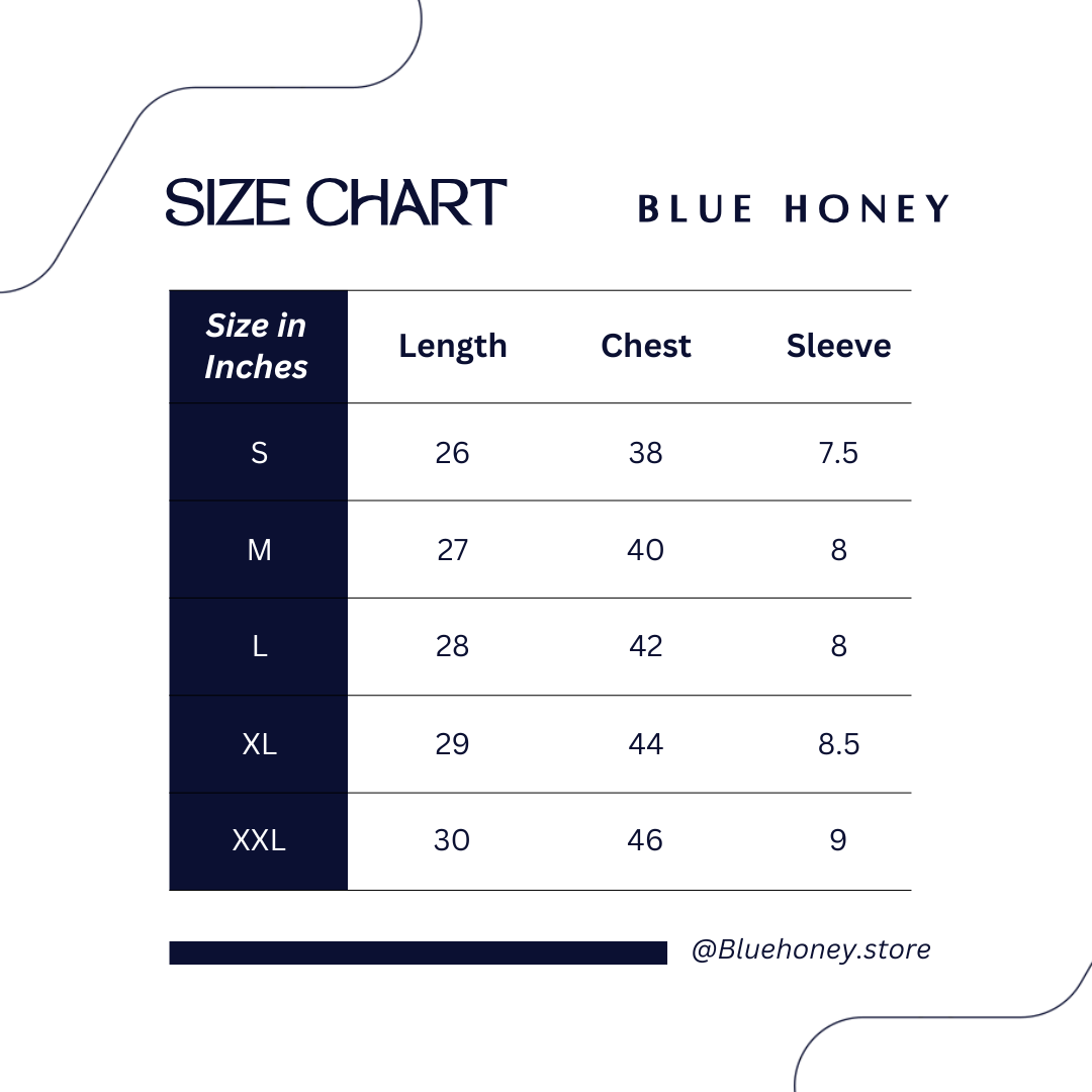 size chart of all the available sizes mentioning Chest, Length and Sleeve