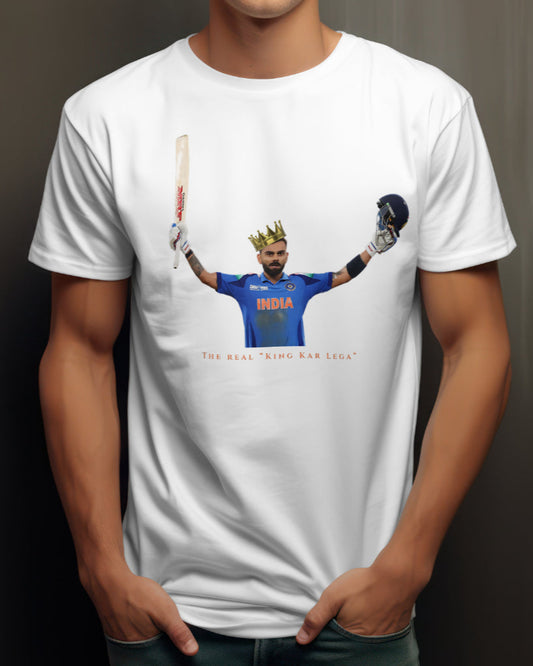 front cropped view of a male model wearing a white color Virat Kohli tshirt