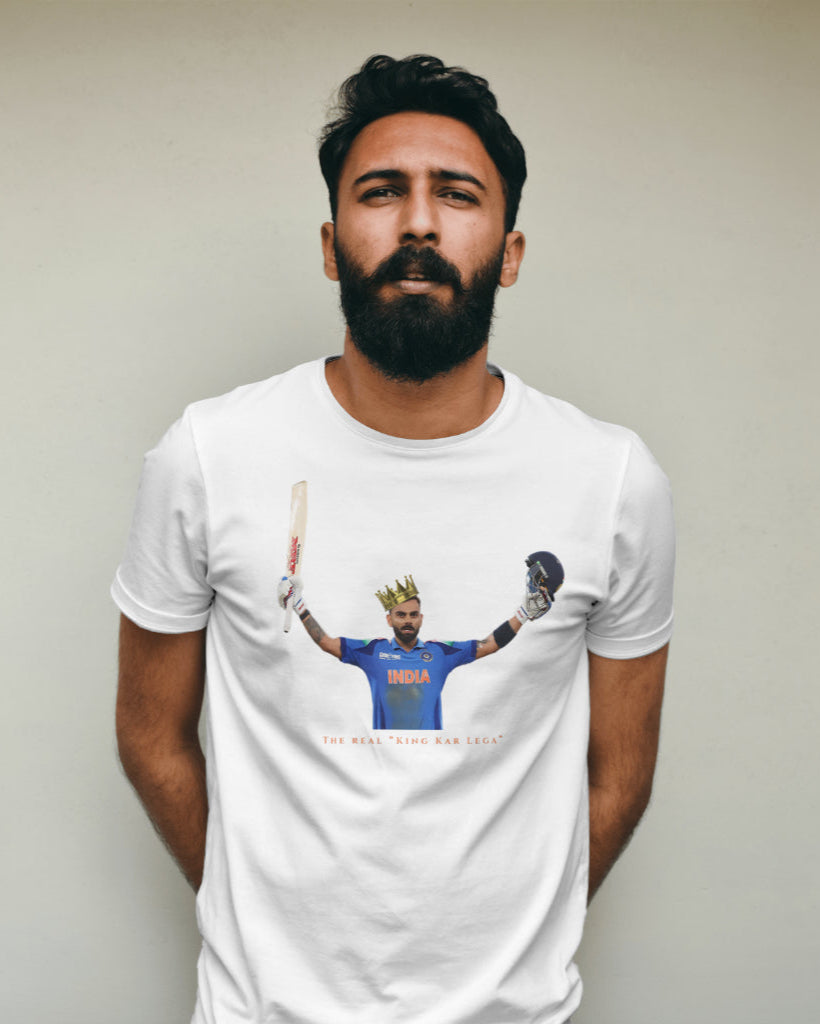 front view of a male Indian model wearing a white color Virat Kohli tshirt