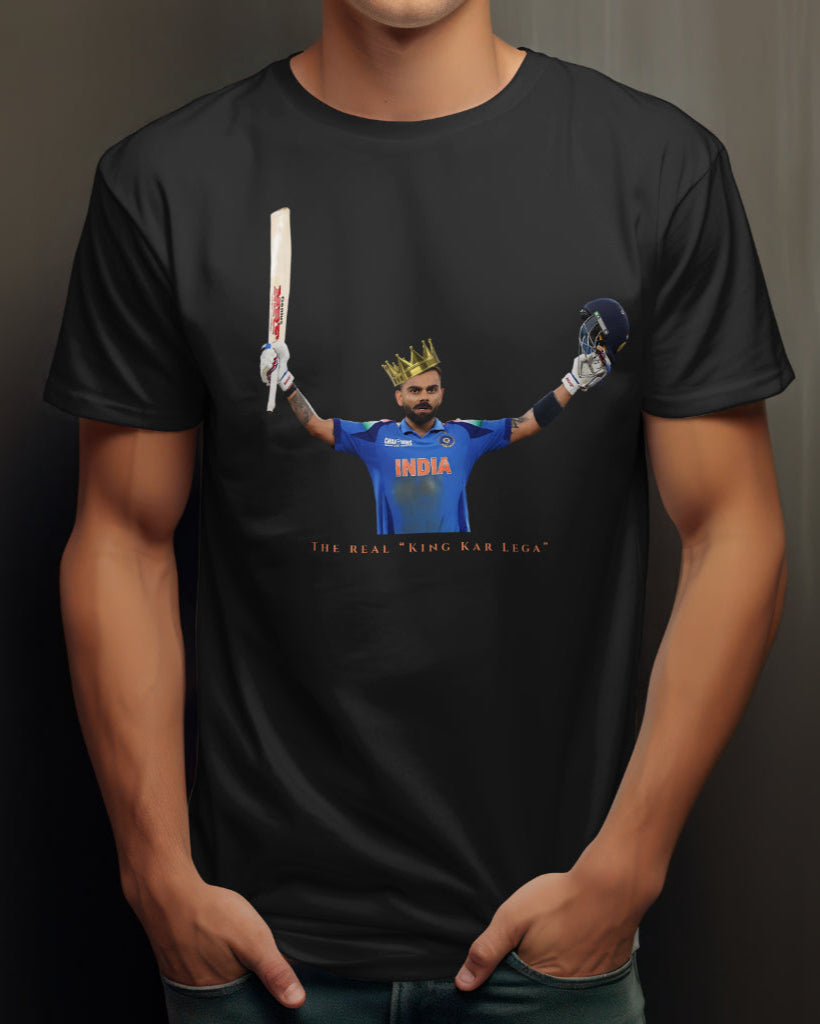 a cropped view of a male model wearing a black color Virat Kohli tshirt