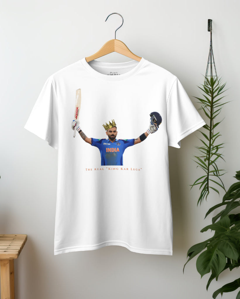 a white color Virat Kohli tshirt on a hanger