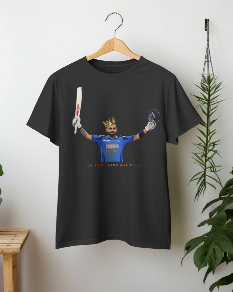 a black color Virat Kohli tshirt on a hanger