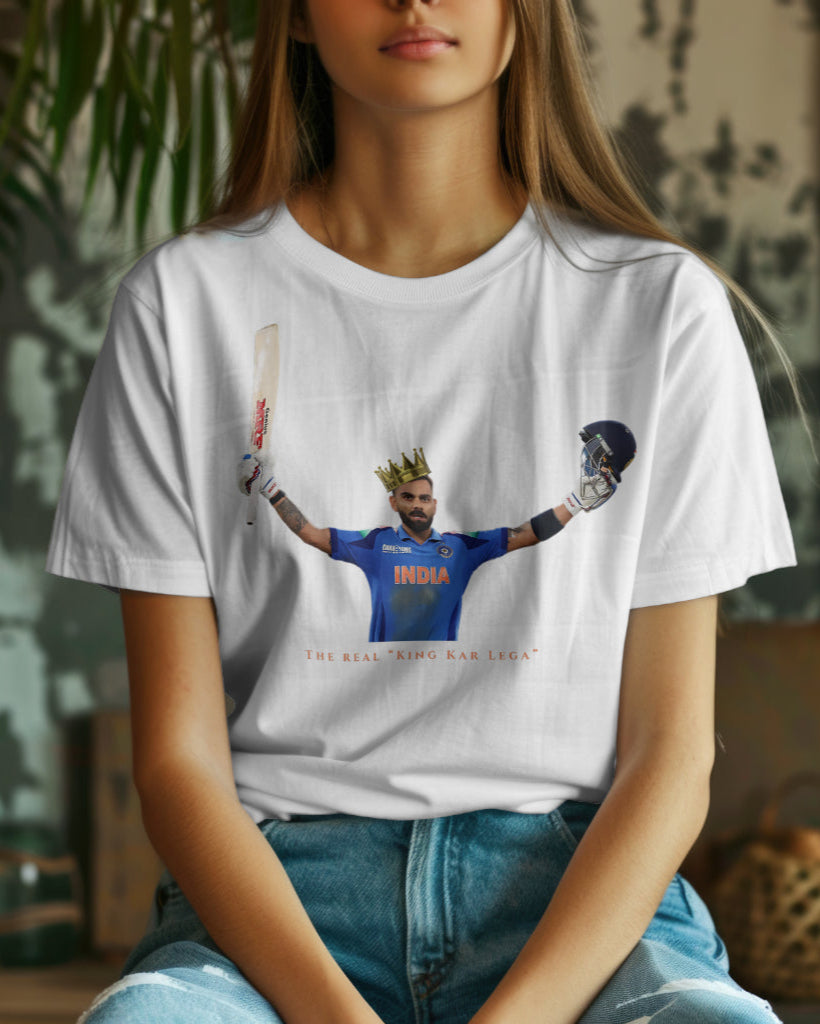 a female model sitting wearing a  white color Virat Kohli tshirt