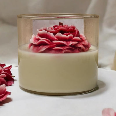 Peony Bloom 550g soy wax candle featuring a handcrafted red peony flower design in a glass jar.