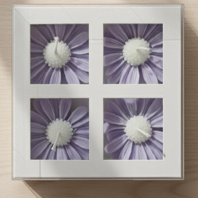 Gift box set of 4 purple daisy floating candles, perfect for home decor and special occasions.