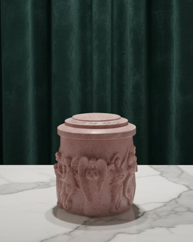 Pink decorative candle jar on a marble surface with a green curtain background