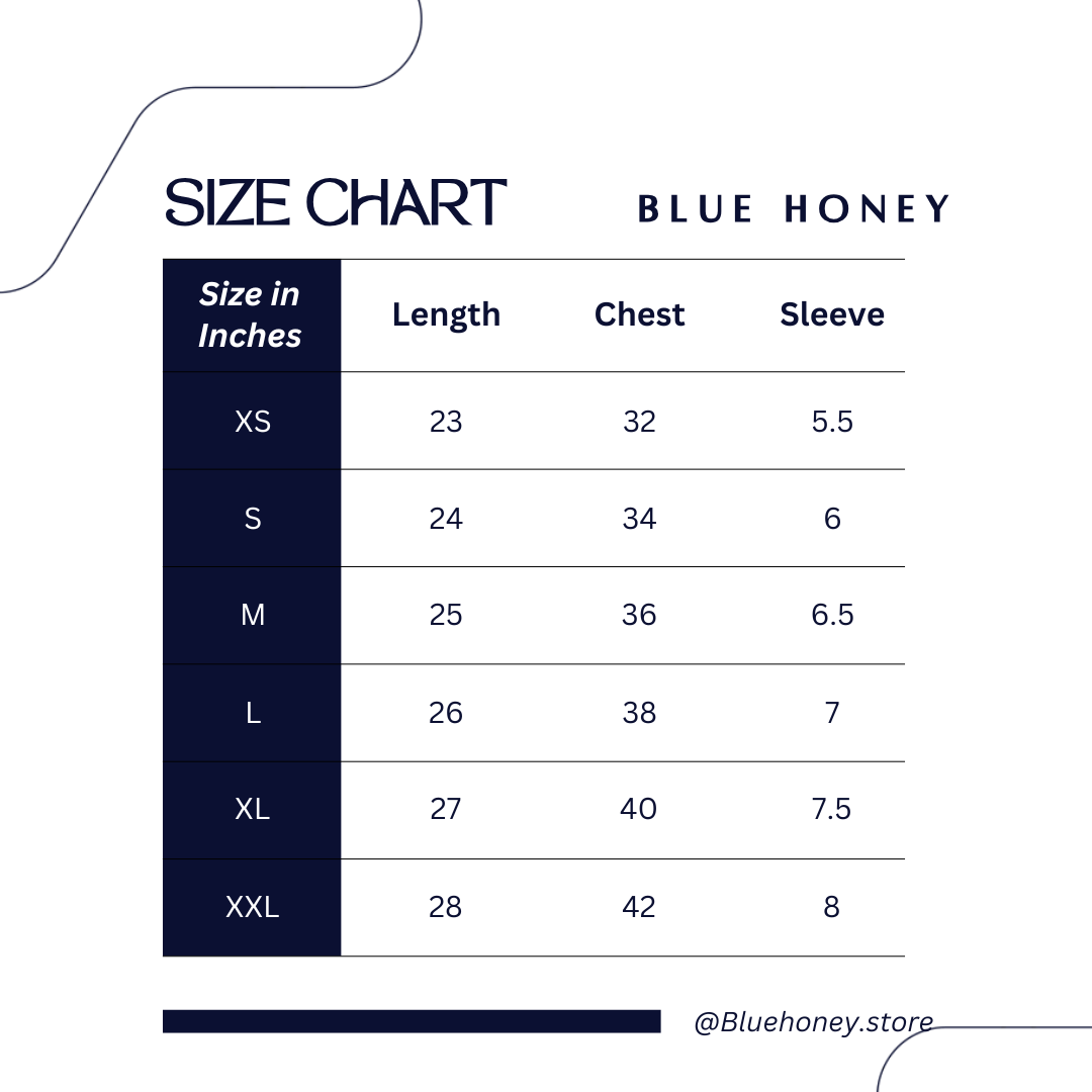 size chart of all the available sizes mentioning Chest, Length and Sleeve