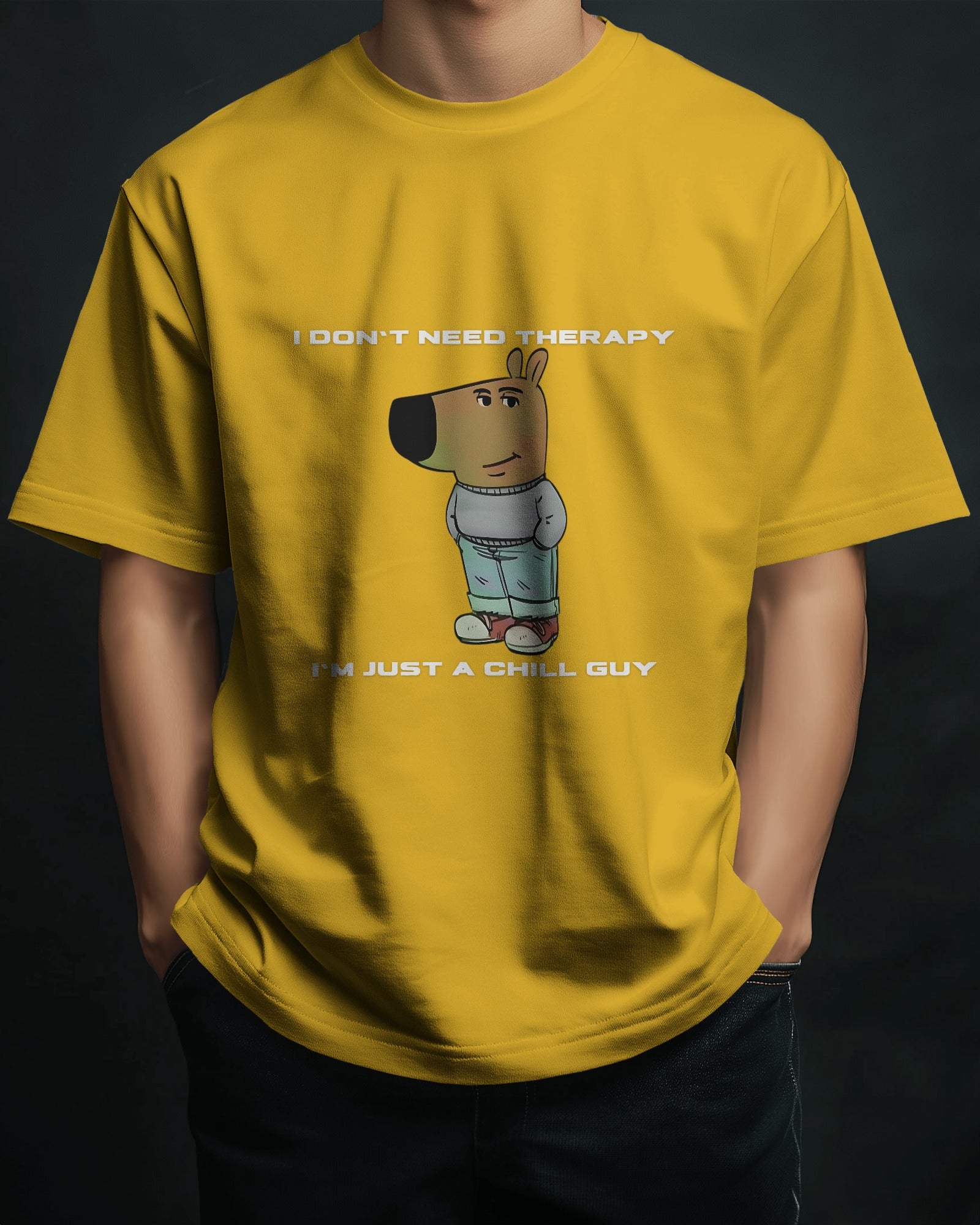 a model wearing I'm just a chill guy, I don't need therapy yellow t-shirt.