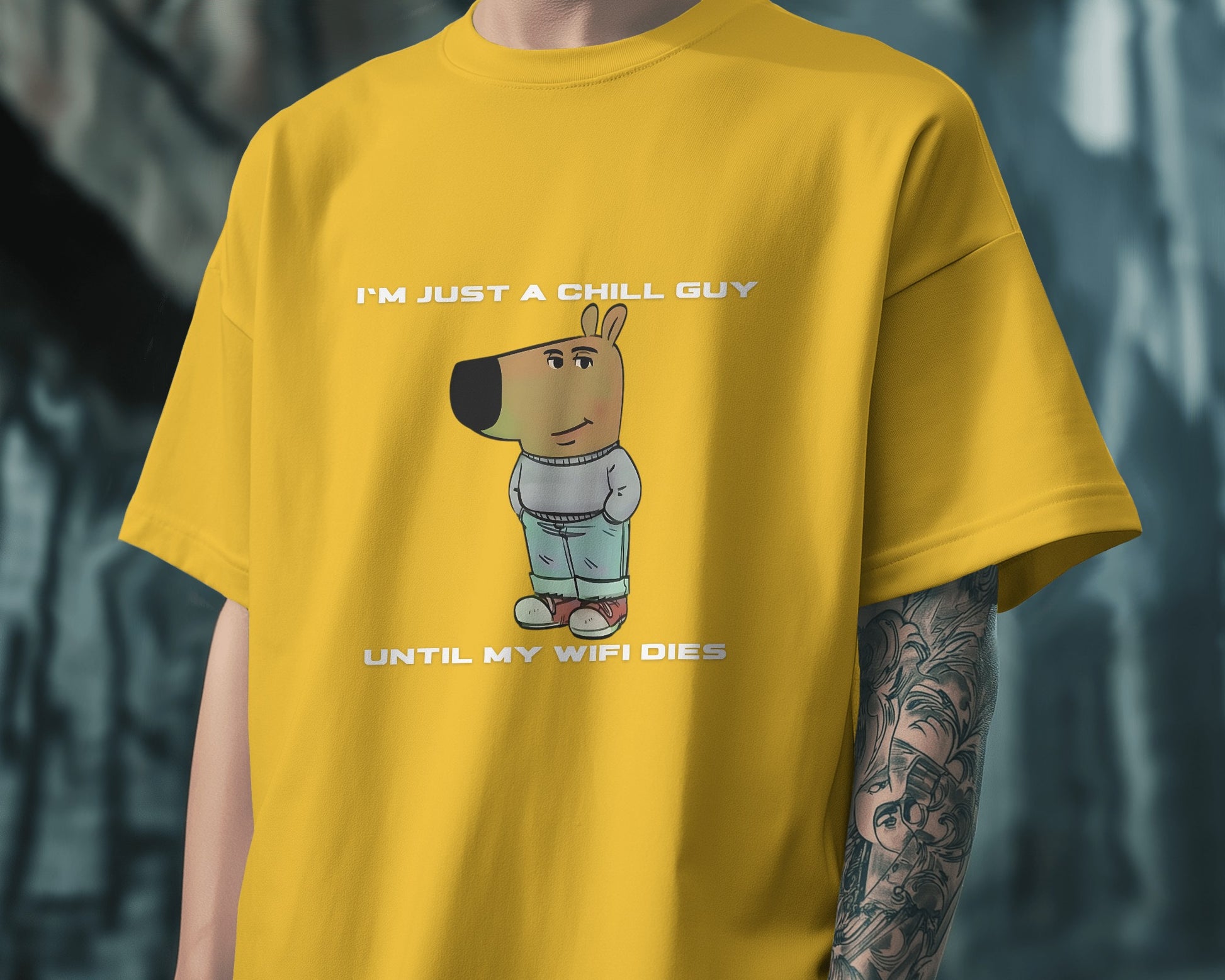 a model wearing I'm just a chill guy until my WIFI dies coffee yellow t-shirt.