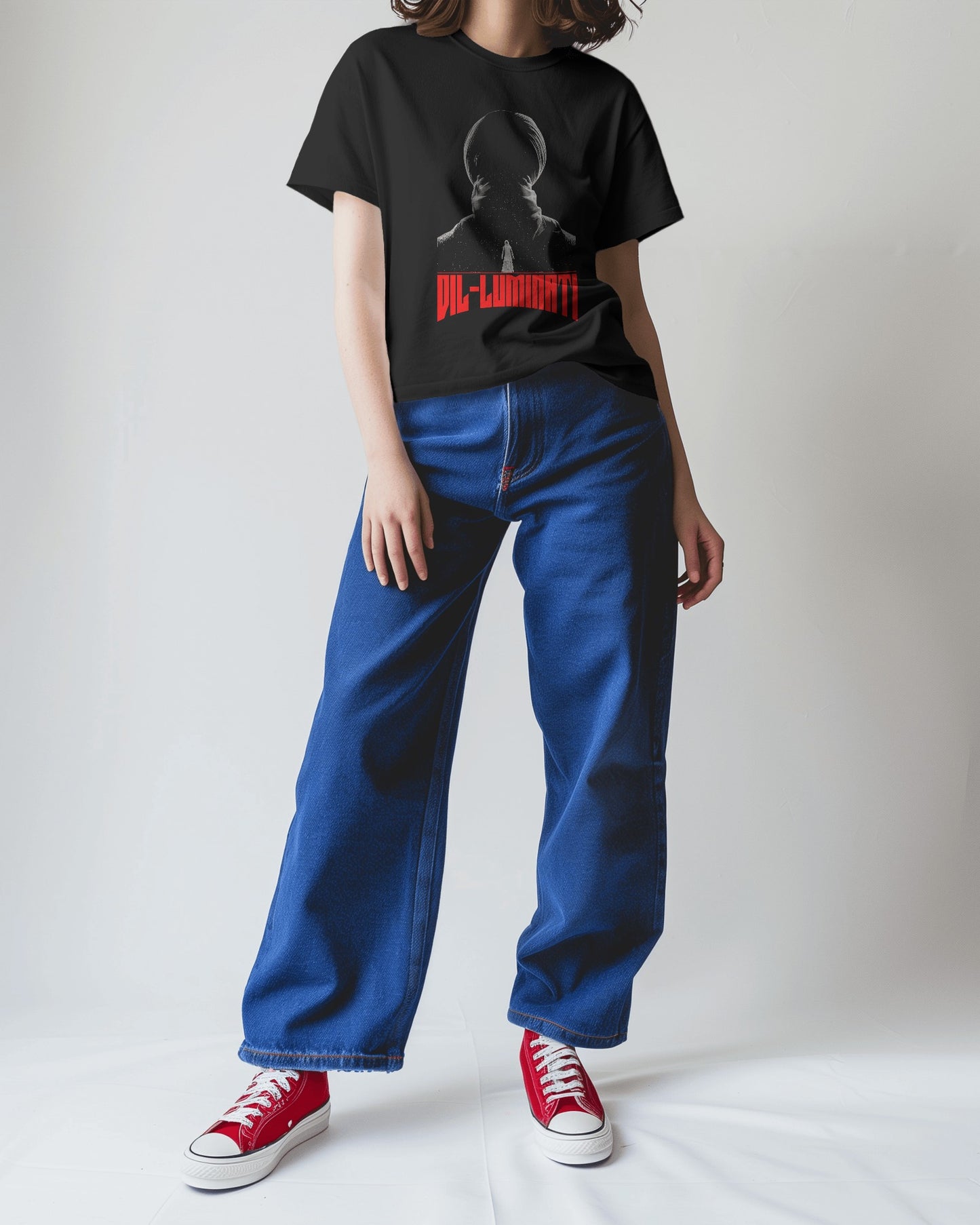 an Asian female model wearing an Oversized Diljit Dosanjh "Diluminati" T-Shirt black