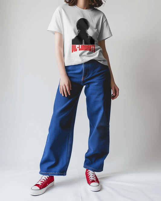 an Asian female model wearing an Oversized Diljit Dosanjh "Diluminati" T-Shirt white