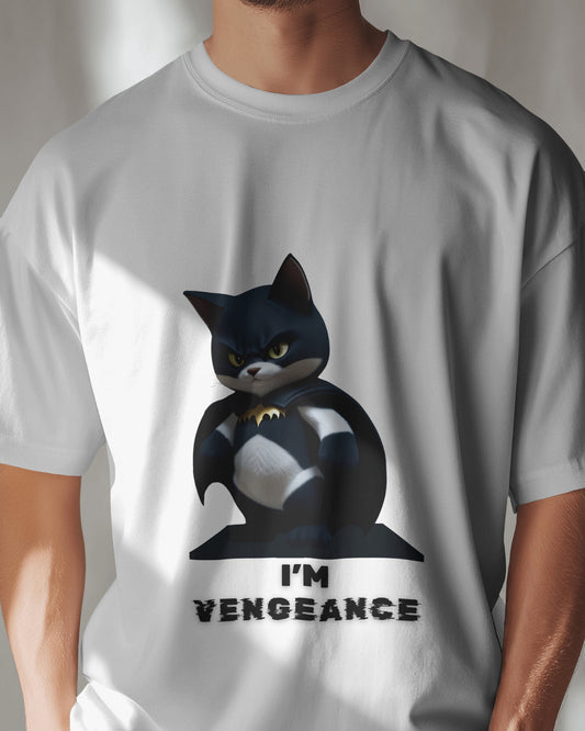 front view of a male Indian model wearing Catman Vengeance white T-Shirt