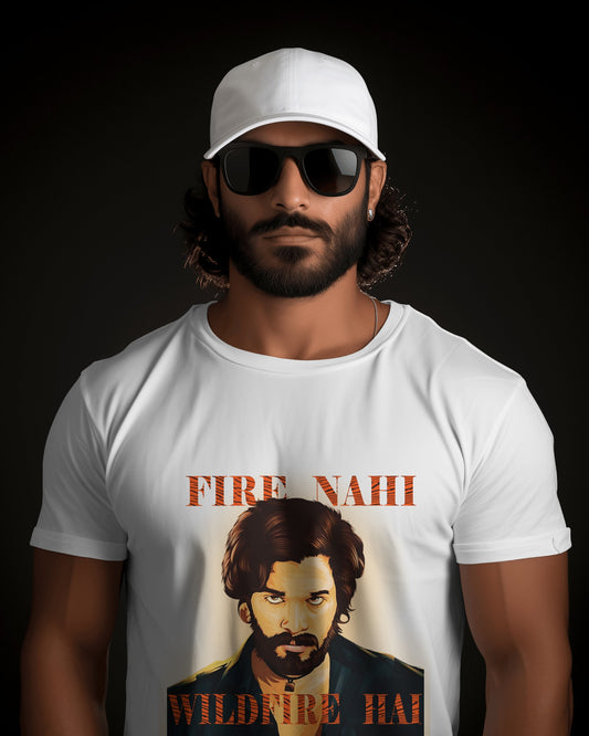 an Indian model wearing Fire Nahi Wildfire Hai 'Pushpa 2' T-shirt white