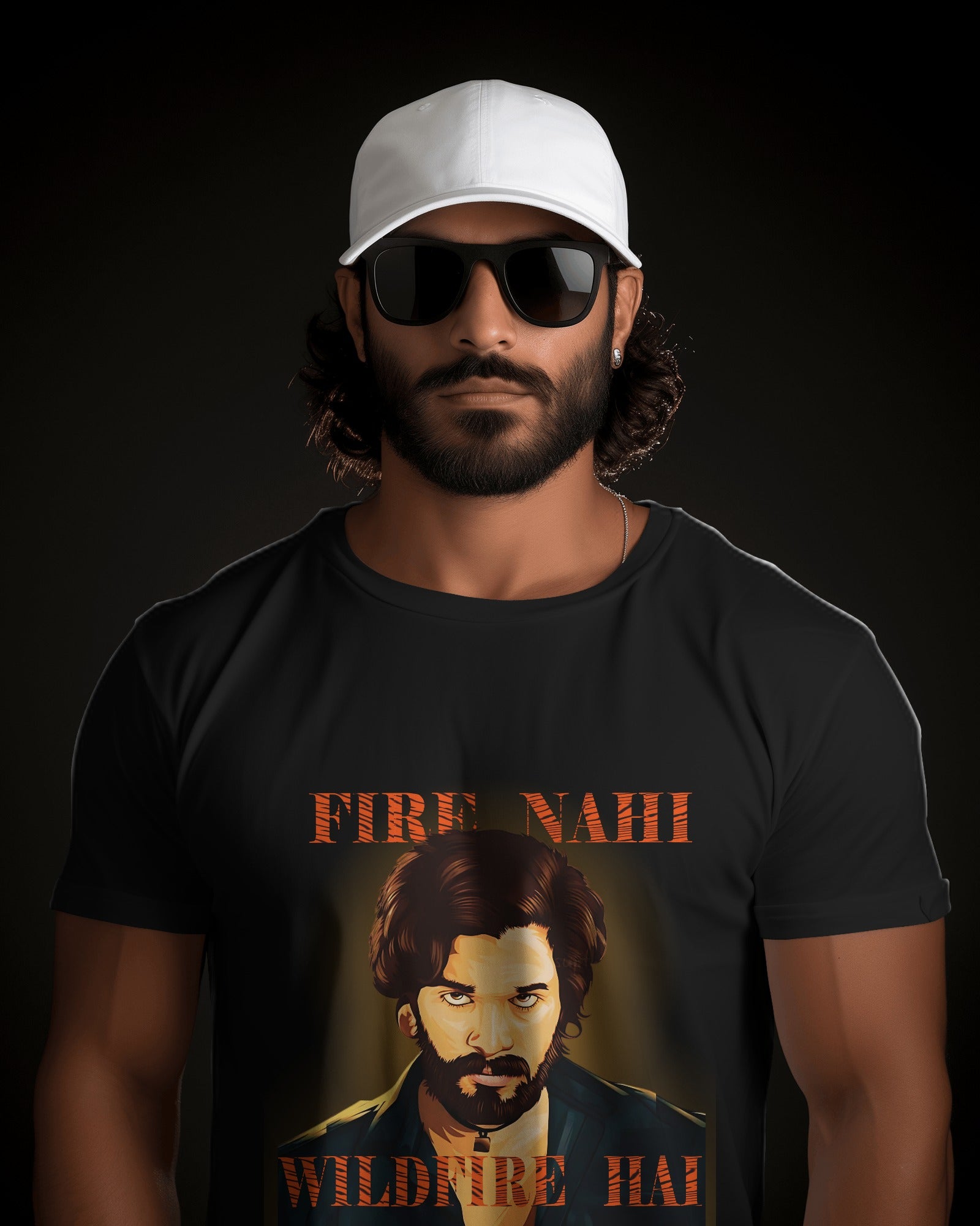 an Indian model wearing Fire Nahi Wildfire Hai 'Pushpa 2' T-shirt black
