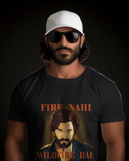 an Indian model wearing Fire Nahi Wildfire Hai 'Pushpa 2' T-shirt black