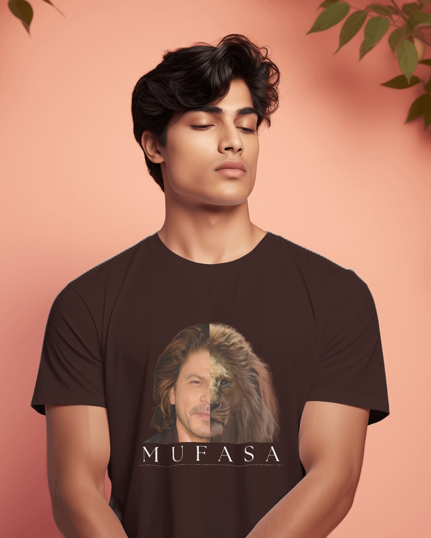 an Indian male model wearing a brown classic half sleeve round neck SRK-Mufasa graphic tshirt.