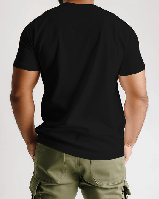 back view of an Indian model wearing a tshirt black